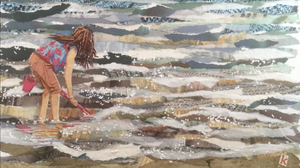 A lovely collage of torn coloured paper, showing a girl with a bucket and spade playing in the waves