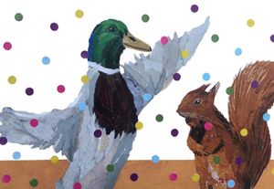 An illustration of a duck and a squirrel in excited poses, made from paper cutouts