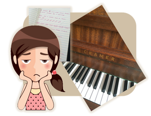 A cartoon of an unhappy girl over a photo of a piano and a notebook